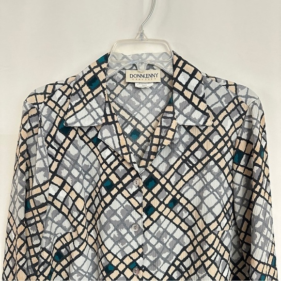 Vintage 90s DonnKenny Women's Diamond Abstract Print Shirt in Grey sz M - Picture 2 of 10